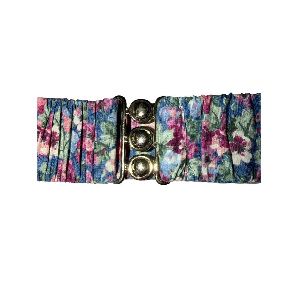 Vintage floral stretch clasp belt cottagecore 80s maroon ribbon trim 29 - 34 in - Picture 3 of 4